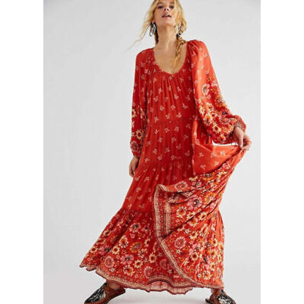 Spell & The Gypsy Collective Joni Gown Floral Campfire Red Boho Maxi Dress S